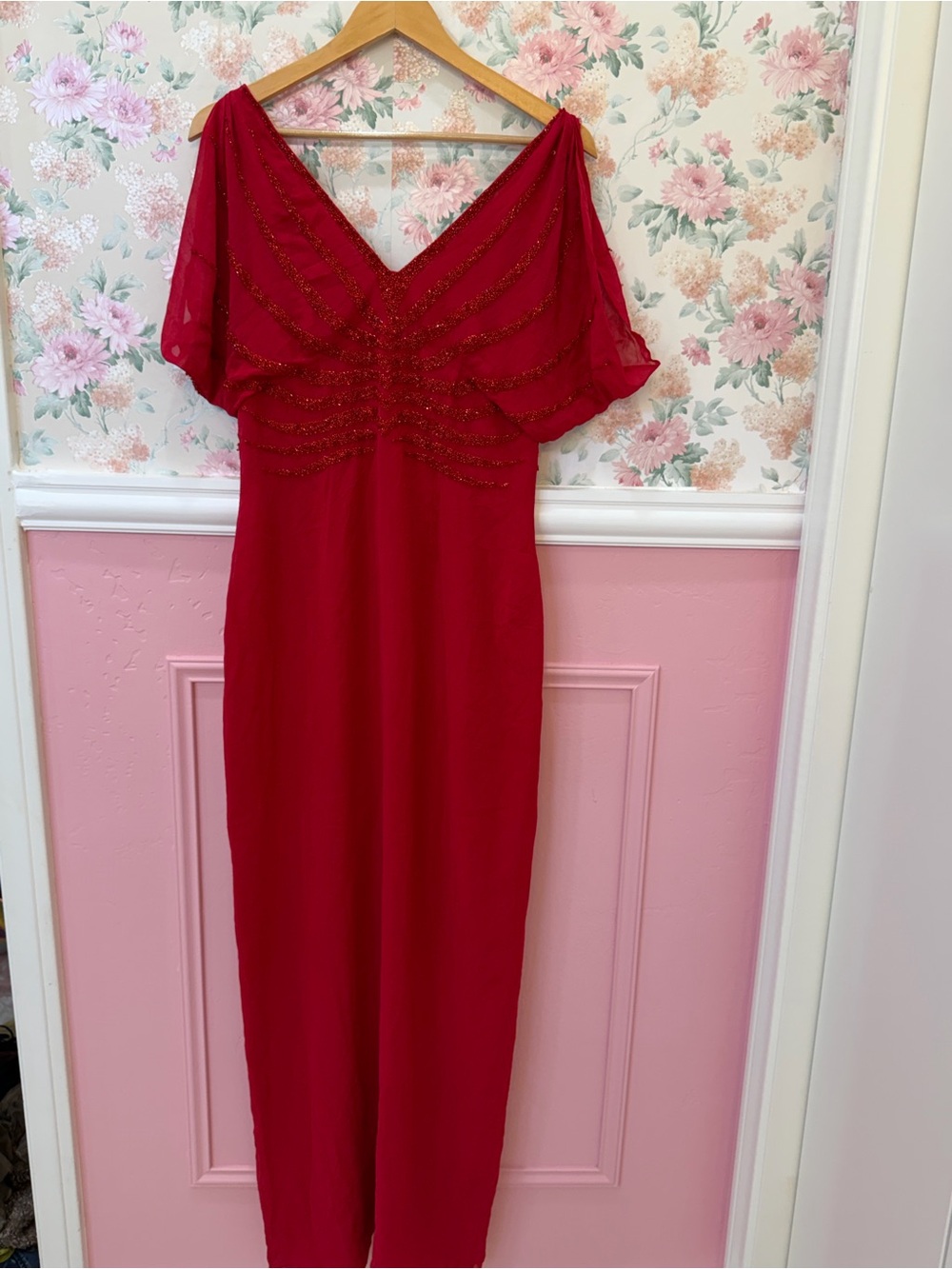 100% silk Red V-Neck Evening Dress with Beaded Detail